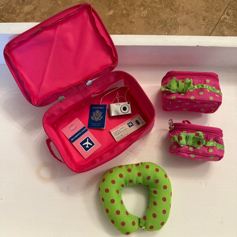 Pink and Green Polka Dot Kids luggage set (American Girl Doll Size)